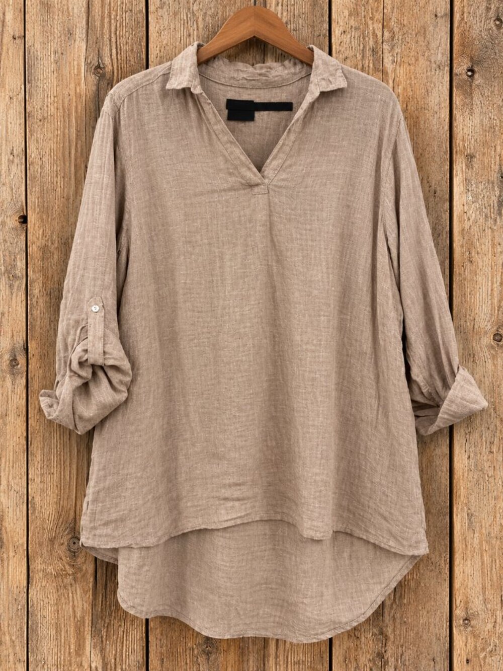 Tahari 1X 100% Linen Taupe Tunic Blouse Roll Tab Sleeves
